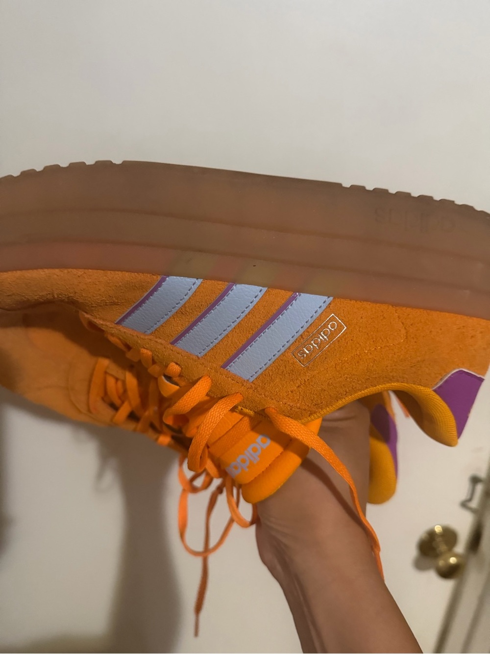 adidas women’s Orange Suede Sneakers with Purple Stripes - Picture 2 of 9